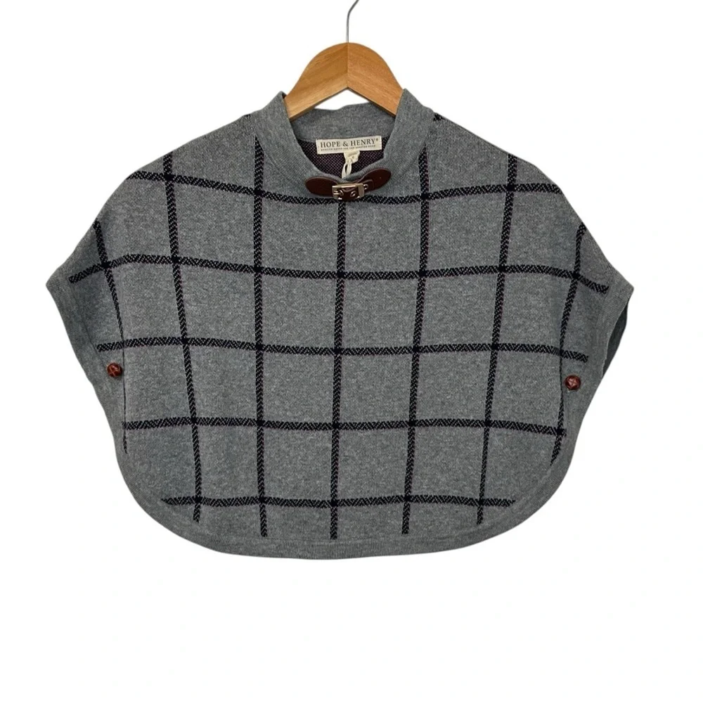 Hope & Henry Sweater Cape Plaid Windowpane Sz Sm Black Grey Organic Cotton Shawl